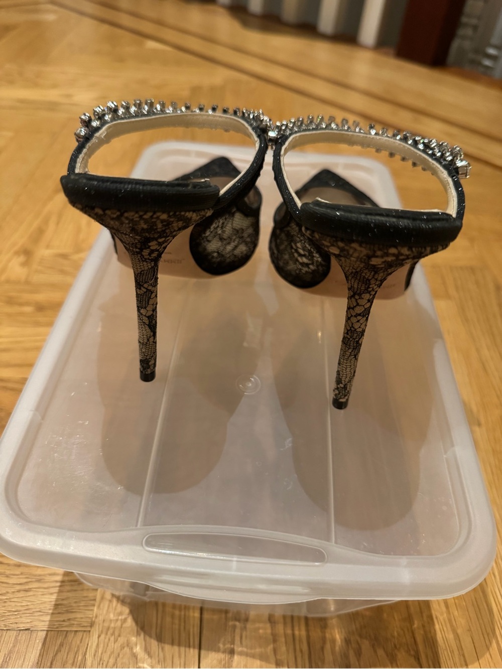 Jimmy Choo Bing 65 Black Lace Heels with Glitter Strap, Size 8, Never Worn - Picture 5 of 6